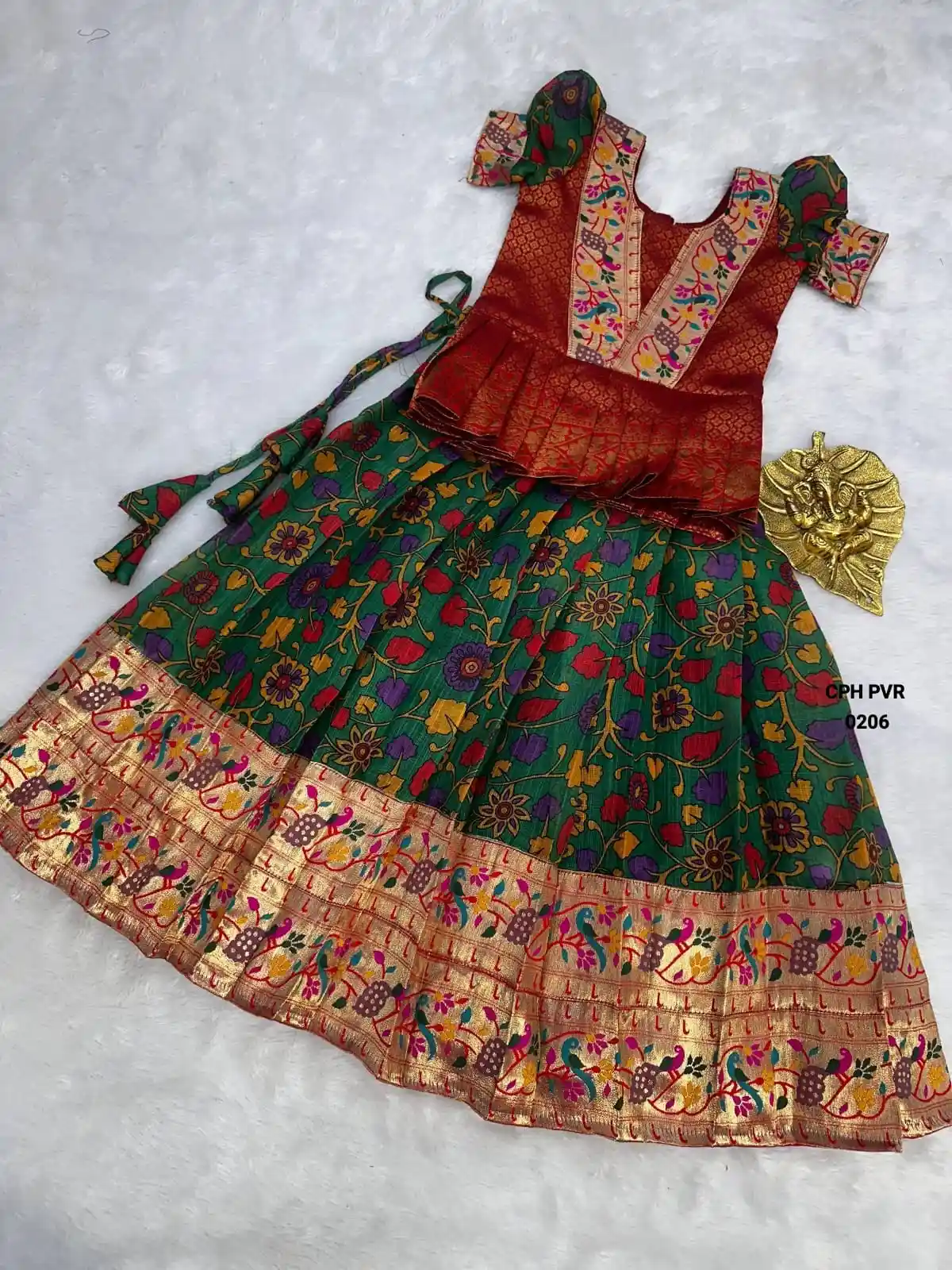 Maroon and Green Kids Lichi Silk Lehenga Choli